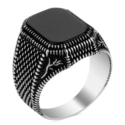 925 Sterling Silver Square Black Onyx Stone Men's Ring