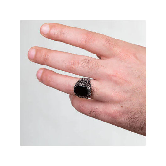 925 Sterling Silver Square Black Onyx Stone Men's Ring