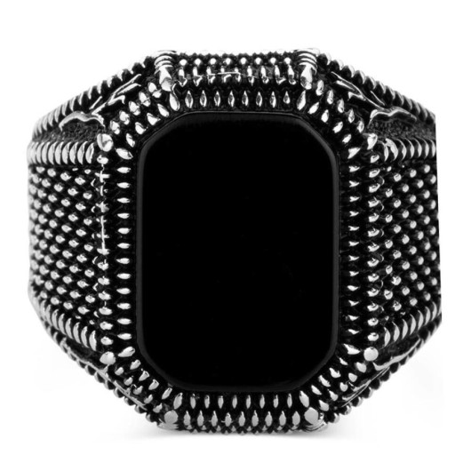 925 Sterling Silver Square Black Onyx Stone Men's Ring