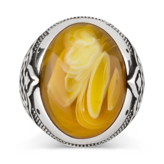 Men's 925 Silver Ring Decorated With A Yellow Stone