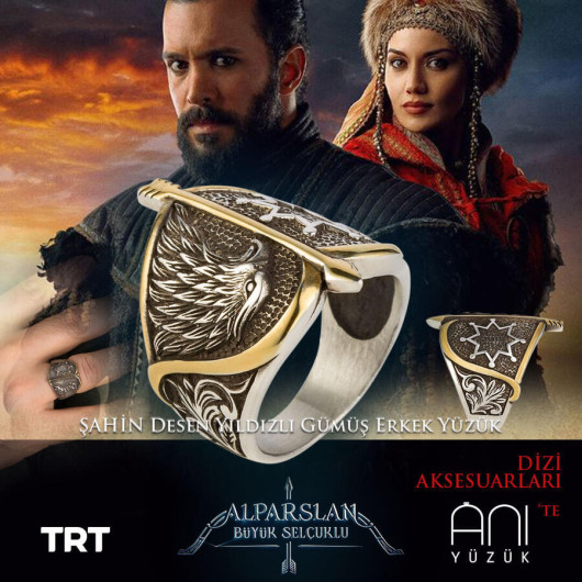 Alparslan Great Seljuk Falcon Pattern Starry Silver Men's Ring