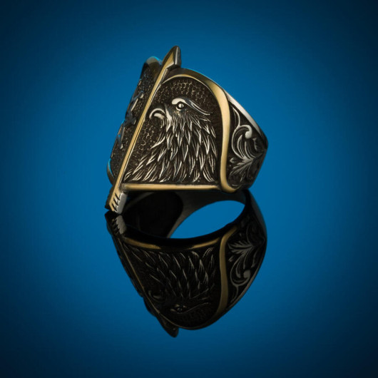 Alparslan Great Seljuk Falcon Pattern Starry Silver Men's Ring