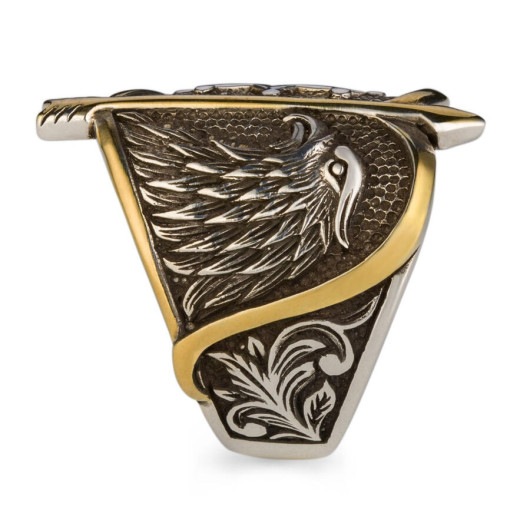 Alparslan Great Seljuk Falcon Pattern Starry Silver Men's Ring