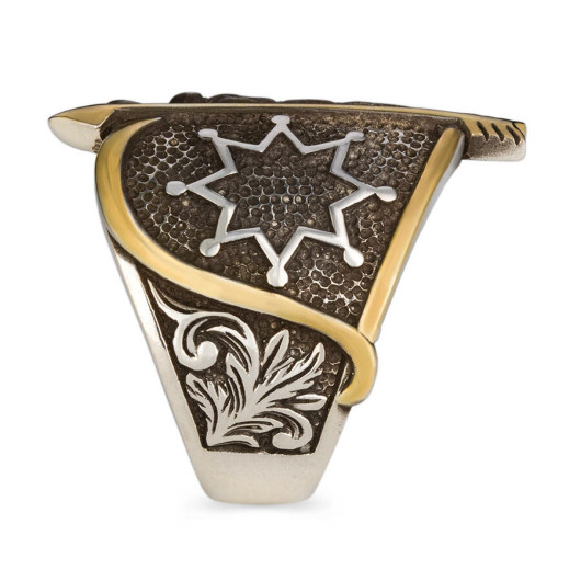 Alparslan Great Seljuk Falcon Pattern Starry Silver Men's Ring