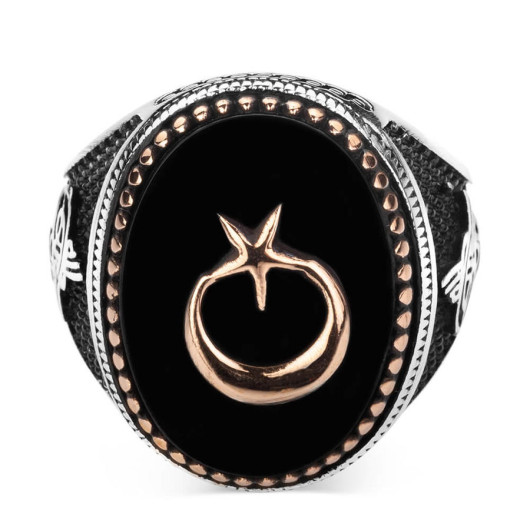 Crescent Star Black Onyx Stone Embroidered Silver Ring For Men