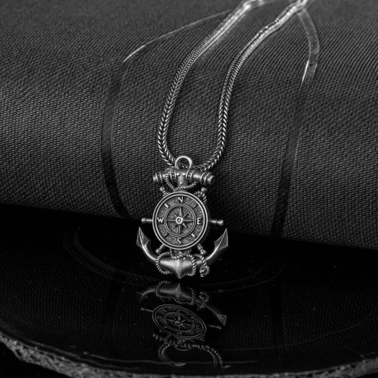 Ship's Helm Themed 925 Sterling Silver Men's Necklace Engraved On Anchor