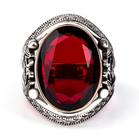 Double Headed Eagle Motif Blood Red Zircon Stone Sterling Silver Ring