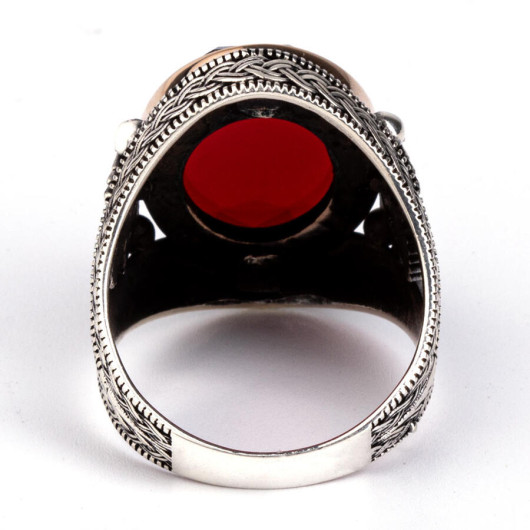 Double Headed Eagle Motif Blood Red Zircon Stone Sterling Silver Ring