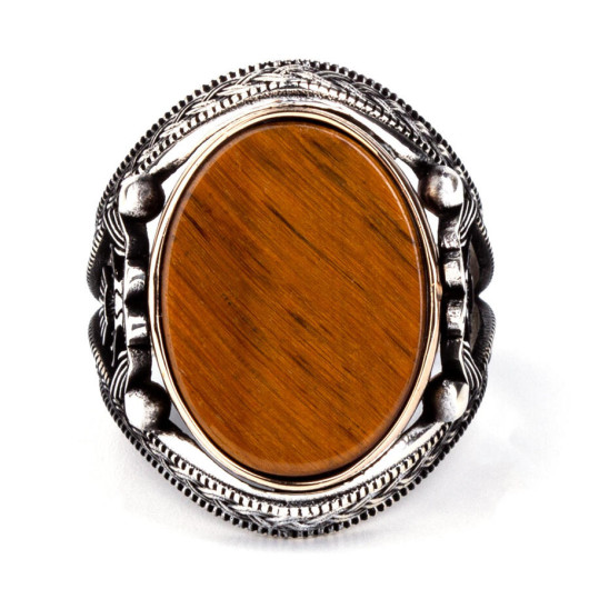 Double Headed Eagle Motif Tiger Eye Stone Sterling Silver Ring