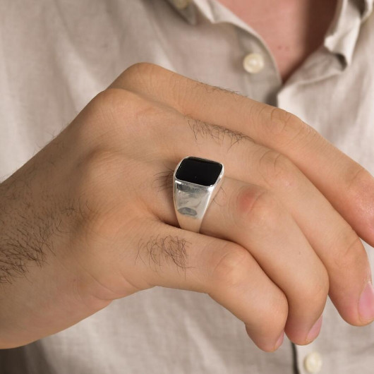 Square Design Black Onyx Simple Sterling Silver Men's Ring