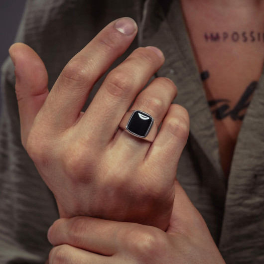 Square Design Black Onyx Simple Sterling Silver Men's Ring