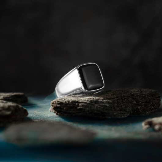 Square Design Black Onyx Simple Sterling Silver Men's Ring