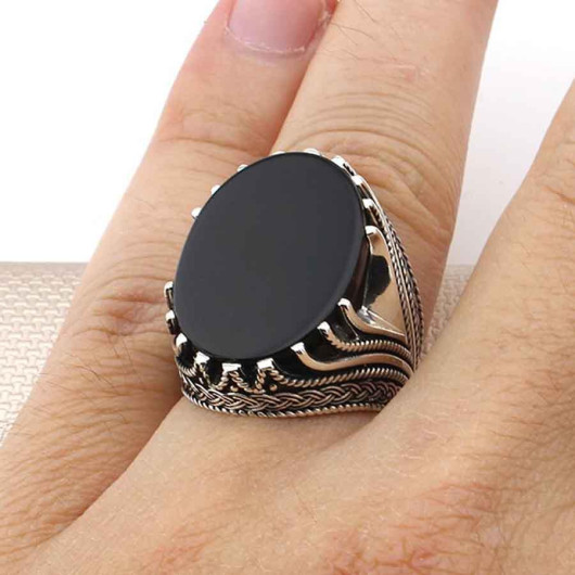 Knot Model Simple Black Onyx Stone Sterling Silver Men's Ring