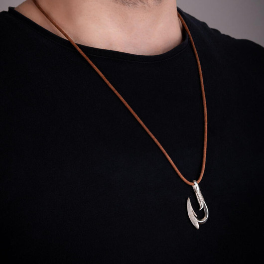 Men's 925 Sterling Silver Hook Necklace Leather Drawstring