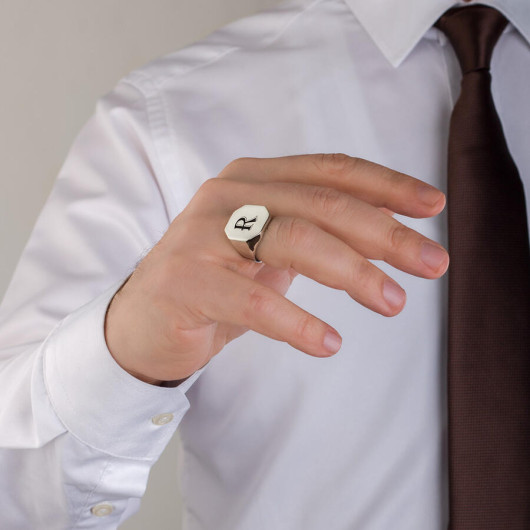 Men's Simple Design Octagon Ring 925 Sterling Silver With Personalized Letters