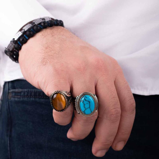 Gold Engraving Detailed Turquoise Stone Sterling Silver Men's Ring