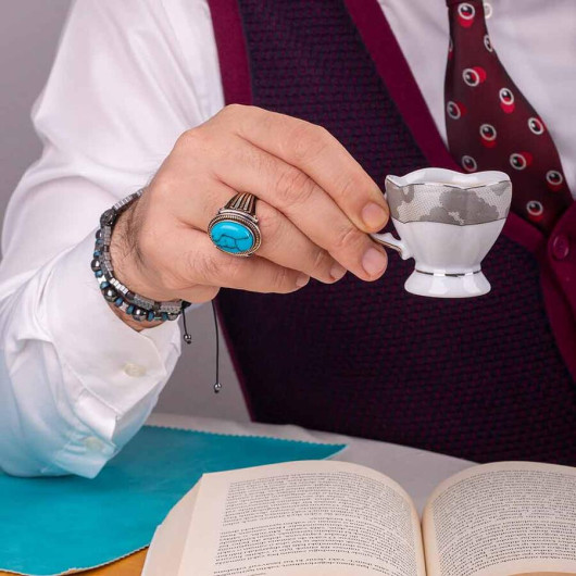 Gold Engraving Detailed Turquoise Stone Sterling Silver Men's Ring