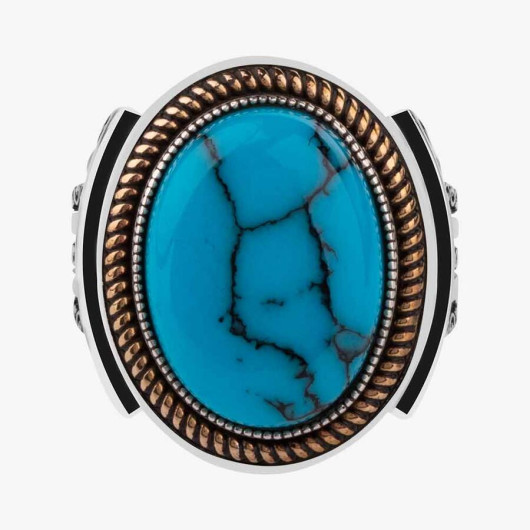 Gold Engraving Detailed Turquoise Stone Sterling Silver Men's Ring