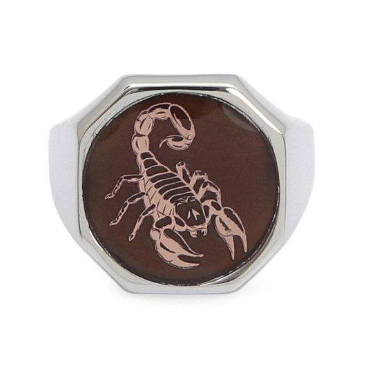 Sterling Silver Men's Zodiac Sign Scorpio Silver-Bronze Color Sides Simple Model Transparent Enameled