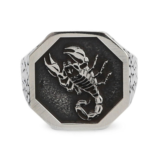 Sterling Silver Men's Zodiac Sign Scorpio Ring Silver Color Patterned Model