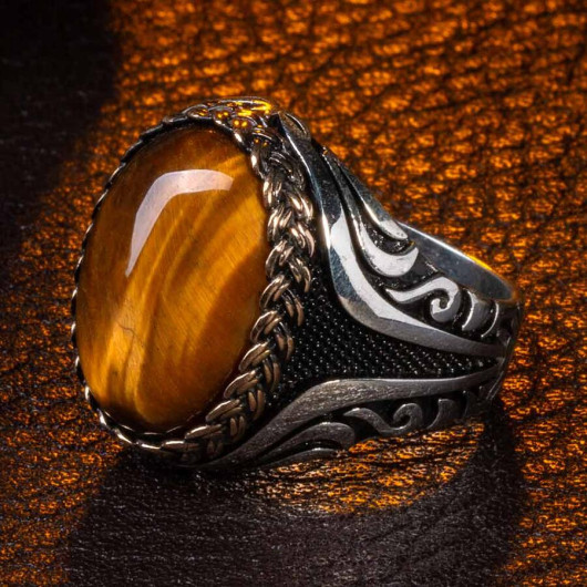 Straw Knot Motif Turtle Eye Stone Men's Ring