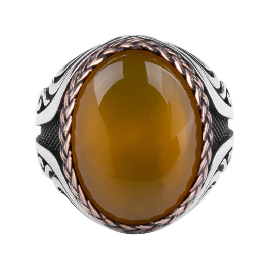 Straw Knot Patterned Yellow Amber Stone Men's Ring