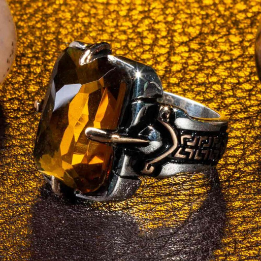 Shield Design Amber Stone Facet Cut Sterling Silver Men's Ring