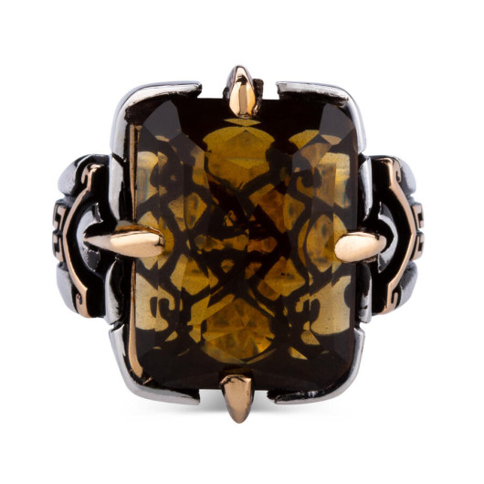 Shield Design Amber Stone Facet Cut Sterling Silver Men's Ring