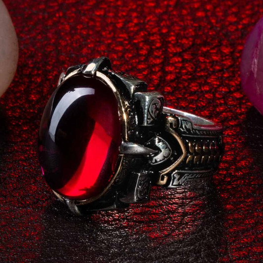 Shield Design Oval Red Zircon Stone Sterling Silver Men's Ring