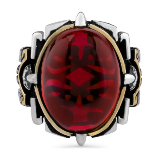 Shield Design Oval Red Zircon Stone Sterling Silver Men's Ring