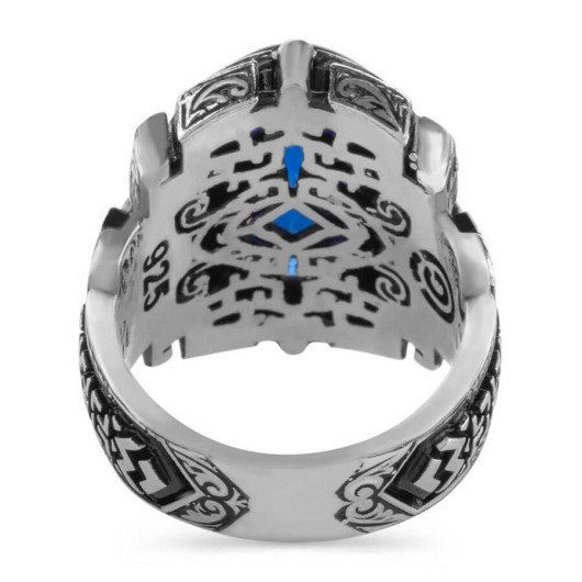 Shield Design Oval Blue Zircon Stone Sterling Silver Men's Ring