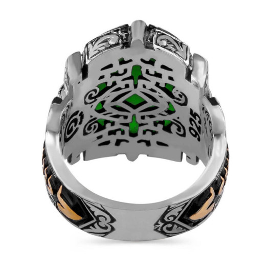 Shield Design Oval Green Zircon Stone Facet Cut Sterling Silver Men's Ring