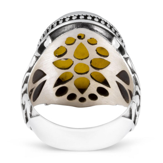 Heart Patterned Yellow Stone Sterling Silver Men's Ring