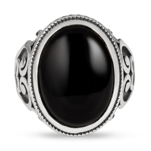 Heart Motif Black Onyx Stone Sterling Silver Men's Ring