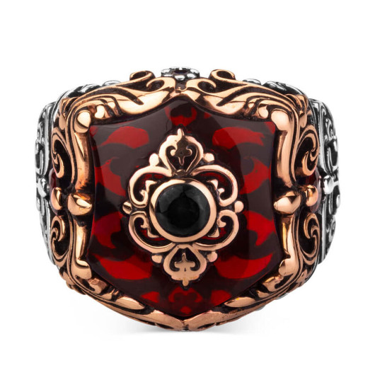 Tile Model Zircon Red Stone Sterling Silver Men's Ring