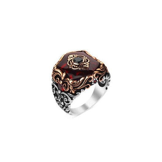 Tile Model Zircon Red Stone Sterling Silver Men's Ring