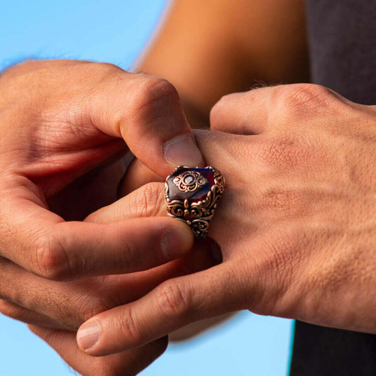 Tile Model Zircon Red Stone Sterling Silver Men's Ring