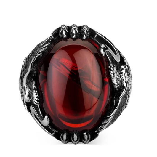 Eagle Figured Red Zircon Stone Sterling Silver Men's Ring