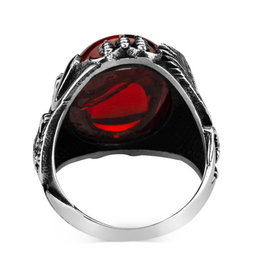 Eagle Figured Red Zircon Stone Sterling Silver Men's Ring