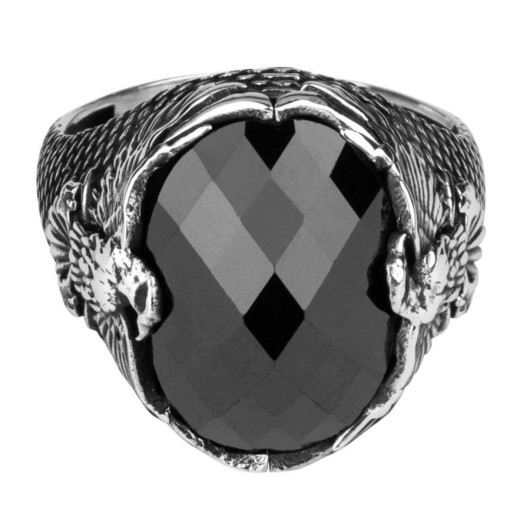 Eagle Motif Faceted Black Zircon Stone Sterling Silver Men's Ring