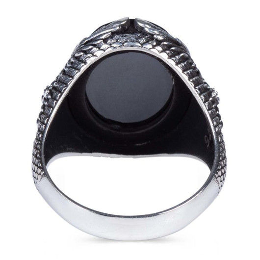 Eagle Motif Faceted Black Zircon Stone Sterling Silver Men's Ring