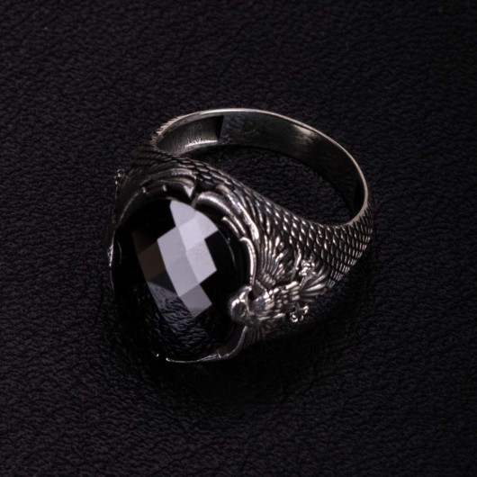 Eagle Motif Faceted Black Zircon Stone Sterling Silver Men's Ring