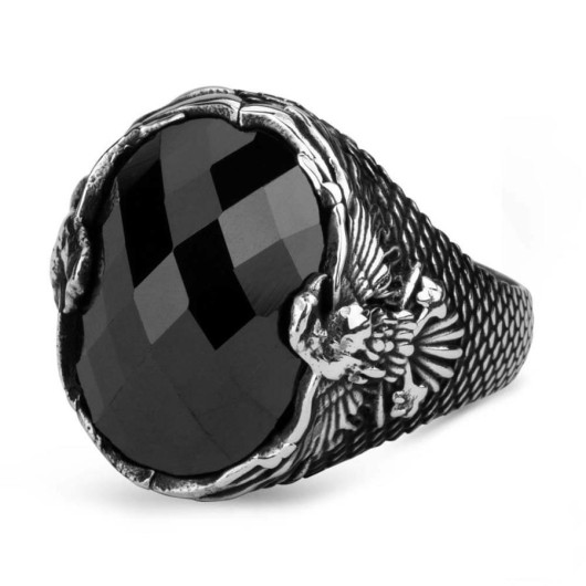 Eagle Motif Faceted Black Zircon Stone Sterling Silver Men's Ring