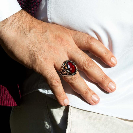 Sword Detail Blood Red Zircon Stone Sterling Silver Ring