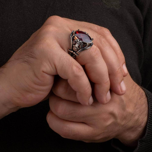 Sword Detail Blood Red Zircon Stone Sterling Silver Ring