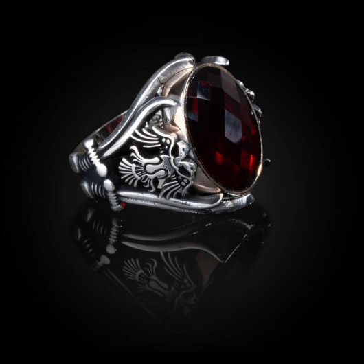 Sword Detail Blood Red Zircon Stone Sterling Silver Ring