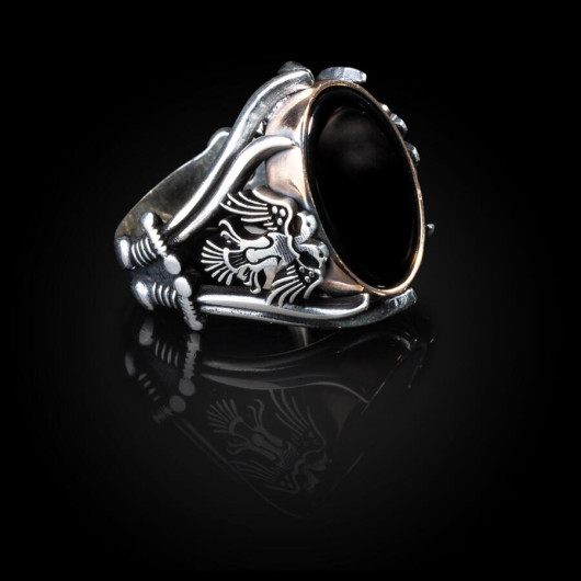 Sword Detail Black Onyx Stone Sterling Silver Ring