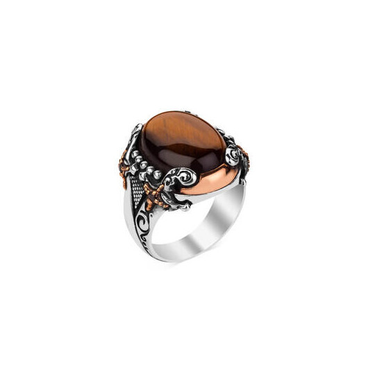 Sword Model Hood Cut Tiger Eye Stone Sterling Silver Men's Ring