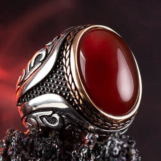 Men's Silver Ring With Dark Red Agate Stone