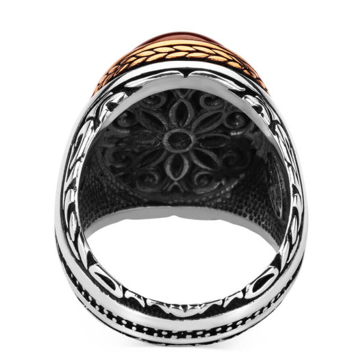 Men's Silver Ring With Dark Red Agate Stone